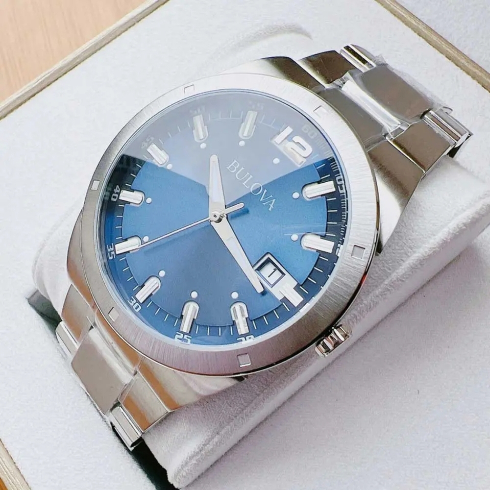 BULOVA B7 SILVER TONE  MEN’S LARGE  BLUE DIAL WATCH STAINLESS STEEL 43MM SWISS.